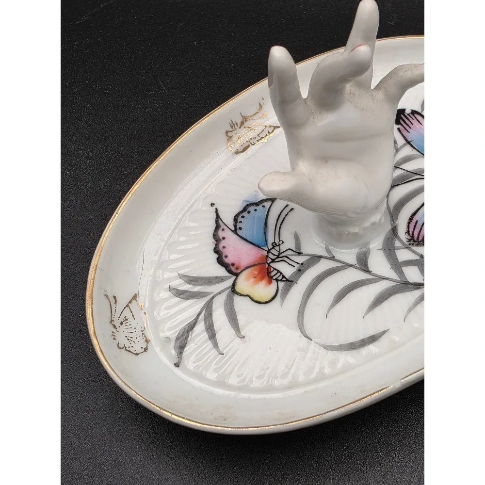Vintage Porcelain Hand Ring Trinket Dish Butterfly Design Vanity Tray‎